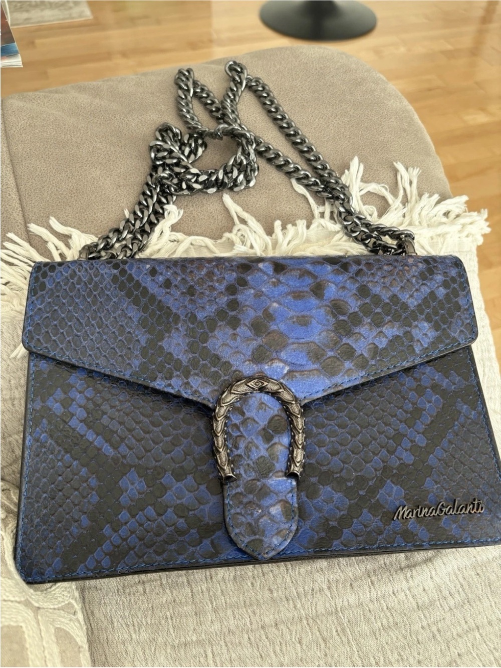 Blue Snake-Print Chain Crossbody Bag marinagalanti lather Italy